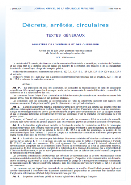 Arrêté de catastrophe naturelle du 2 juillet 2024